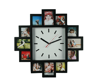 Plastic wall clock with 12 photo frames