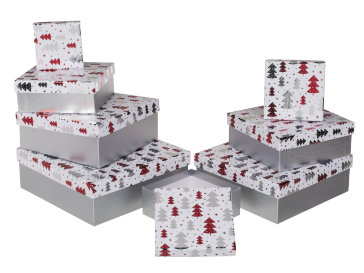 White gift boxes with red/silver coloured christmas tree decor