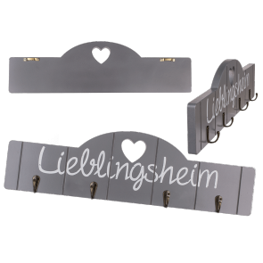 Grey hook rack with white lettering