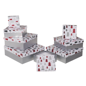 White gift boxes with red/silver coloured christmas tree decor