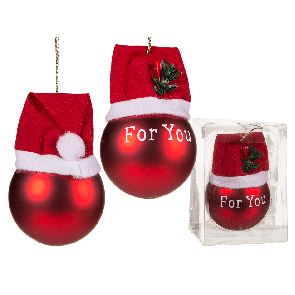 Červená vánoční koule ze skla s čepicí